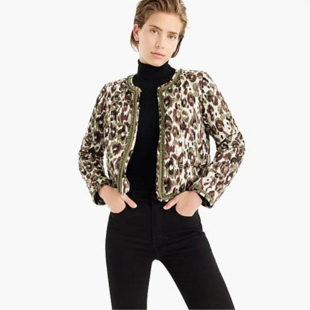 NWT J.Crew quilted lady jacket in autumn cheetah print size small olive green - Picture 2 of 7